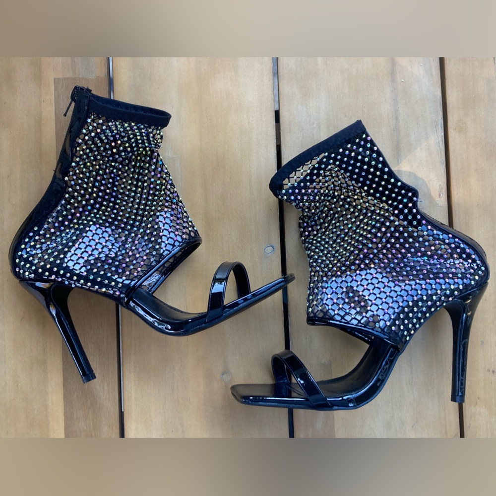 CUCCOO Black Mesh Fishnet Bedazzled Rhinestone Open Toed Heels